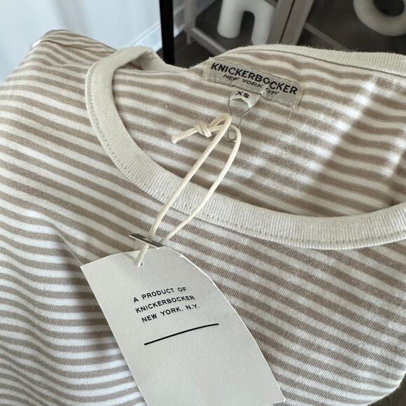 Knickerbocker Mod Stripe White Tan Long Sleeve Shirt XS NEW Mens Cotton Crewneck - Picture 5 of 6